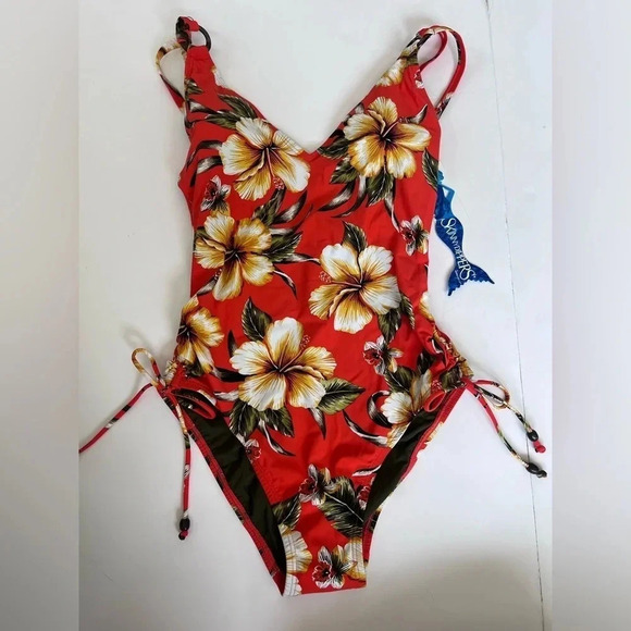 NWT Red Tropical Flowers Skinny Dippers Miraclesuit 1 pc Women's Swimsuit Sz S - Picture 1 of 6
